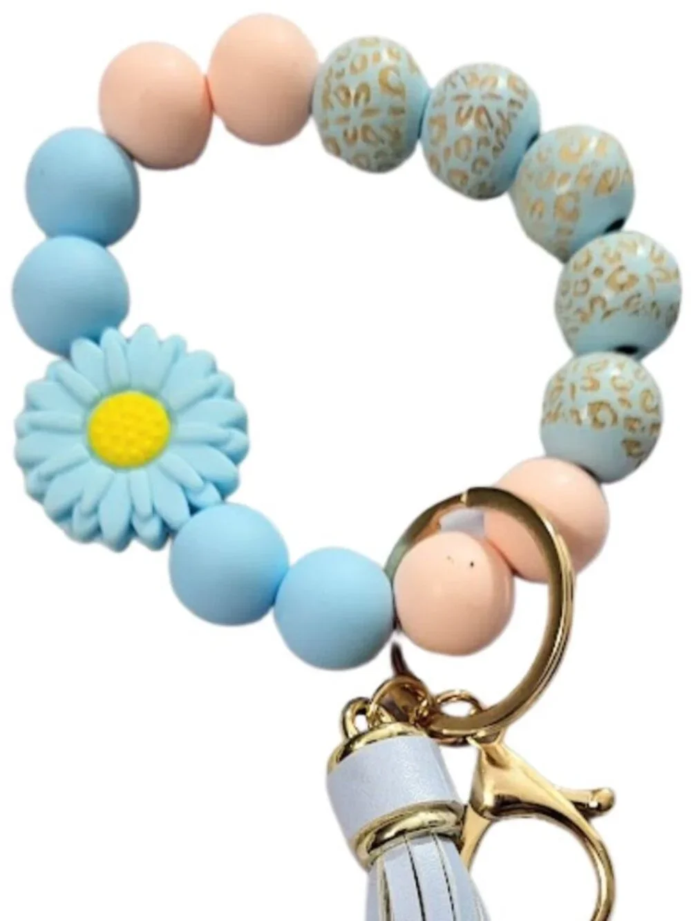 CHIC Blue Daisy Silicone Beaded Wristlet Keychain With Tassel - New In Package